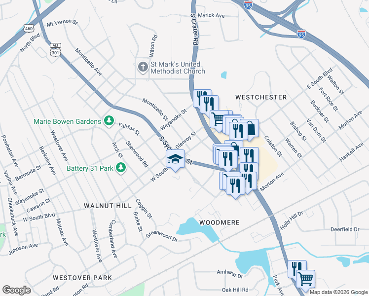 map of restaurants, bars, coffee shops, grocery stores, and more near 1880 Monticello Street in Petersburg
