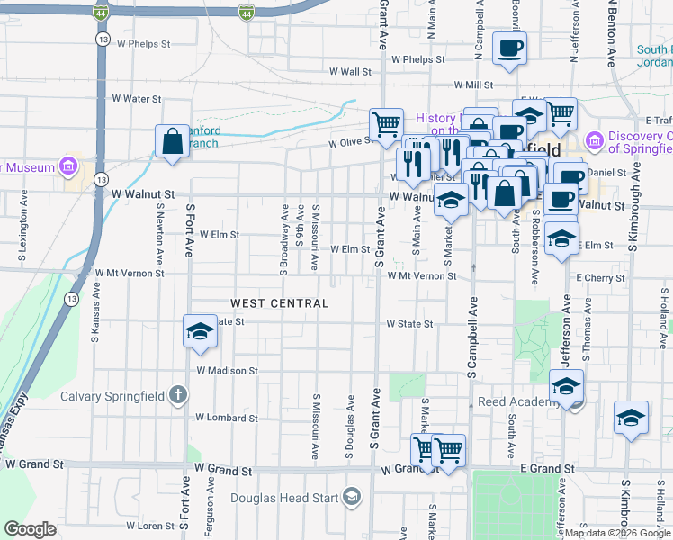 map of restaurants, bars, coffee shops, grocery stores, and more near 831 West Mount Vernon Street in Springfield