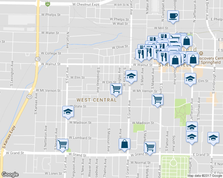 map of restaurants, bars, coffee shops, grocery stores, and more near 831 West Mount Vernon Street in Springfield