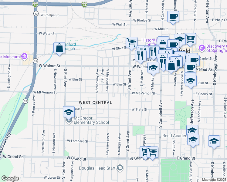 map of restaurants, bars, coffee shops, grocery stores, and more near 831 West Mount Vernon Street in Springfield