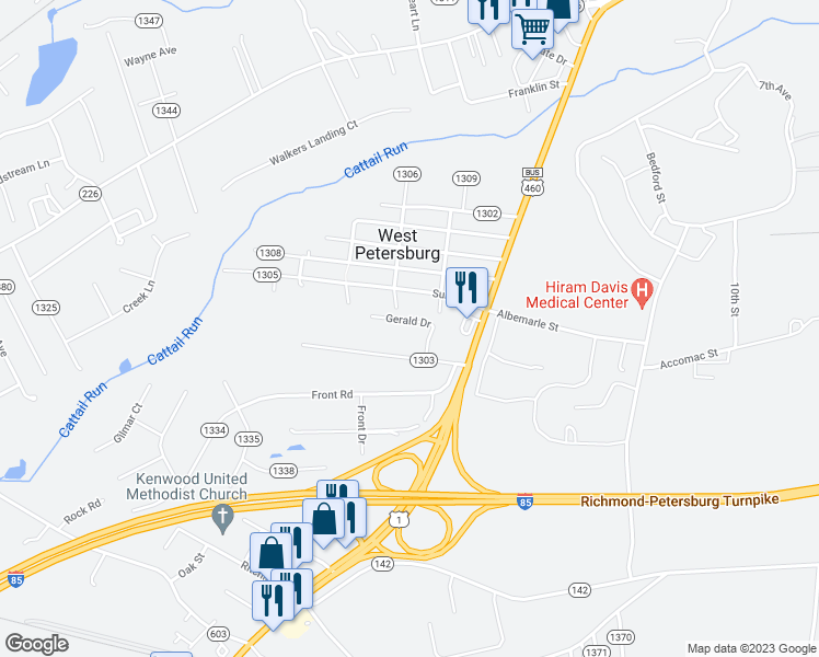 map of restaurants, bars, coffee shops, grocery stores, and more near 25706 Simmons Avenue in Petersburg