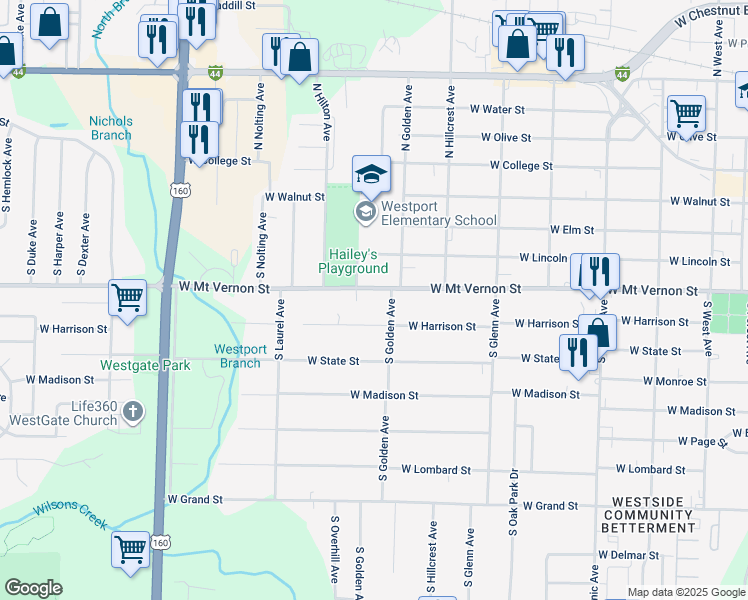 map of restaurants, bars, coffee shops, grocery stores, and more near 3128 West Mount Vernon Street in Springfield
