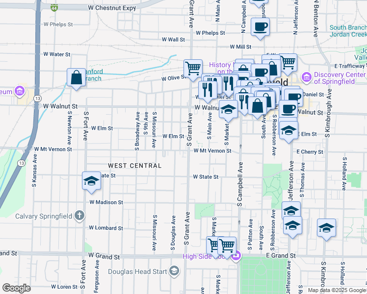 map of restaurants, bars, coffee shops, grocery stores, and more near 727 West Mount Vernon Street in Springfield