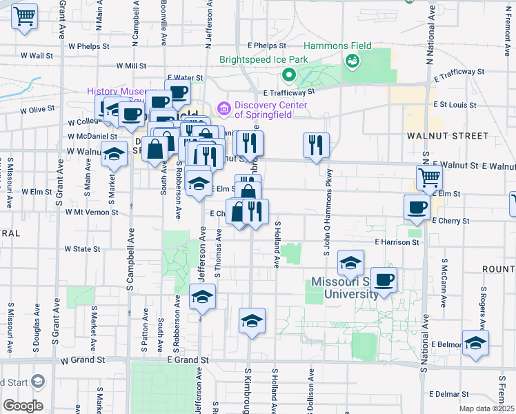 map of restaurants, bars, coffee shops, grocery stores, and more near 609 East Cherry Street in Springfield