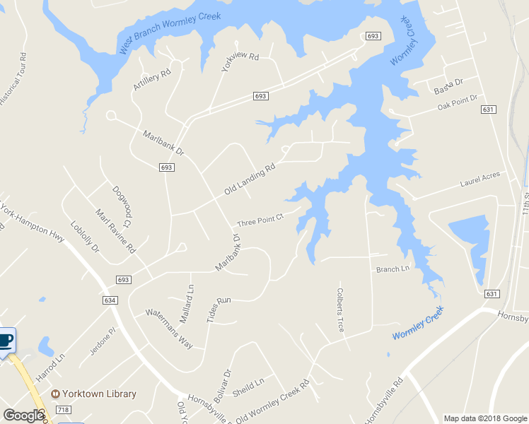map of restaurants, bars, coffee shops, grocery stores, and more near 112 3 Point Court in Yorktown