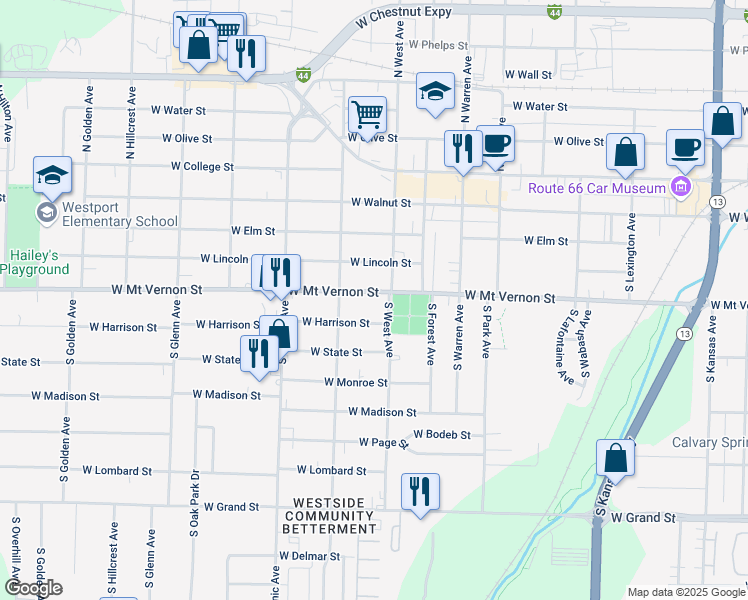 map of restaurants, bars, coffee shops, grocery stores, and more near 2516 West Mount Vernon Street in Springfield