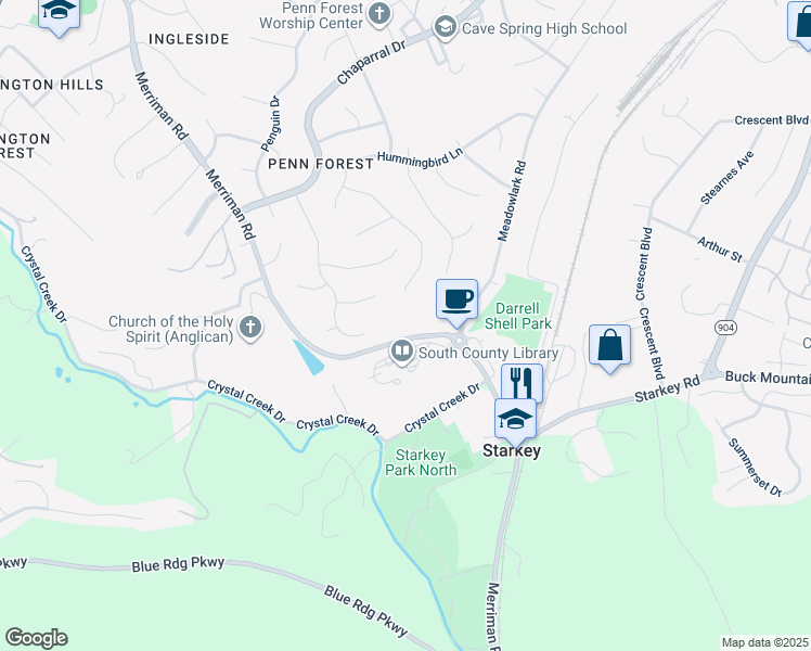 map of restaurants, bars, coffee shops, grocery stores, and more near 6218 Merriman Road in Cave Spring