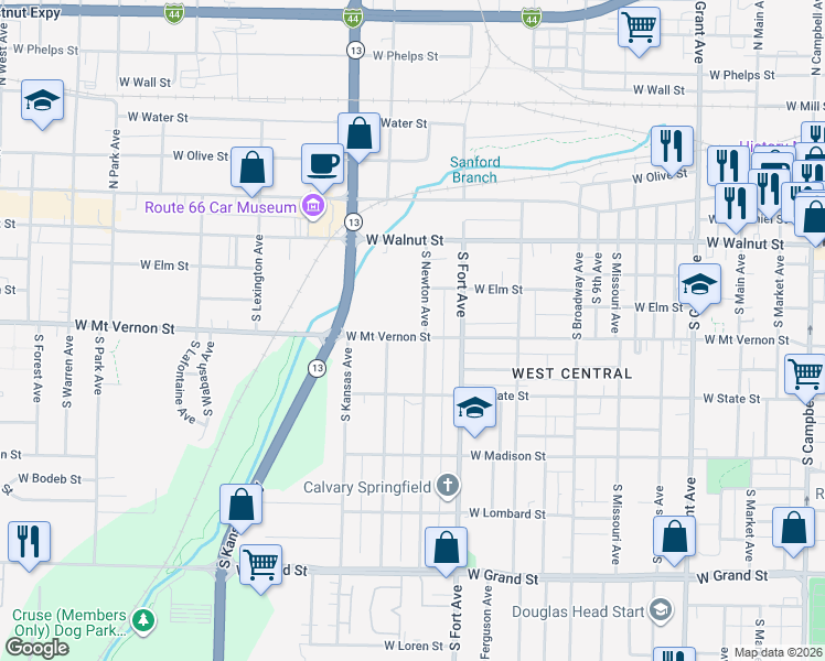 map of restaurants, bars, coffee shops, grocery stores, and more near 1417 West Mount Vernon Street in Springfield