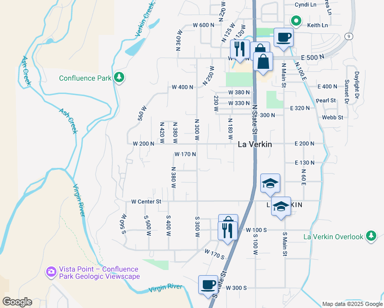 map of restaurants, bars, coffee shops, grocery stores, and more near 310 West 170 North in La Verkin