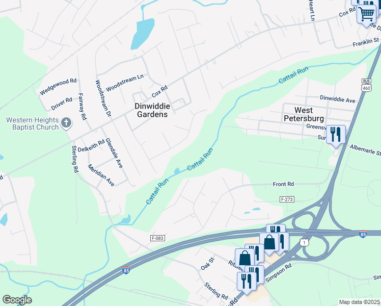 map of restaurants, bars, coffee shops, grocery stores, and more near 24913 Creek Lane in Petersburg