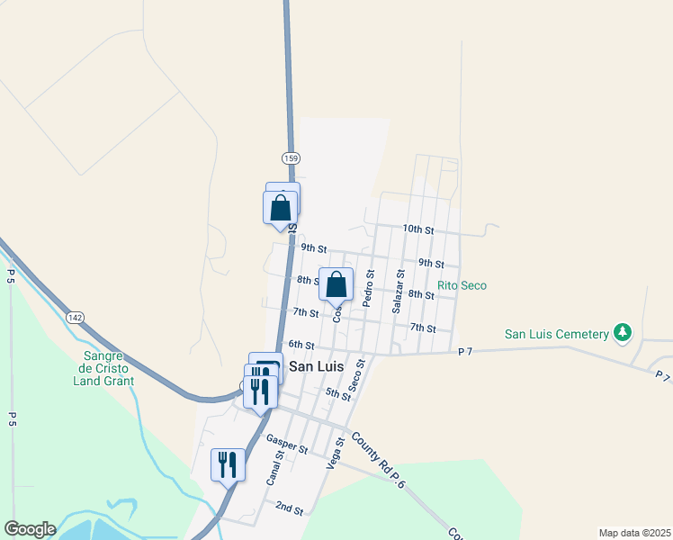 map of restaurants, bars, coffee shops, grocery stores, and more near 807 Costilla Street in San Luis