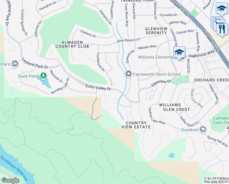 map of restaurants, bars, coffee shops, grocery stores, and more near 1268 Echo Valley Drive in San Jose