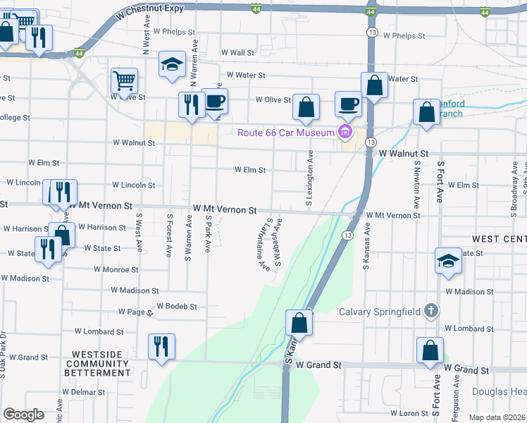 map of restaurants, bars, coffee shops, grocery stores, and more near 609 South Wabash Avenue in Springfield