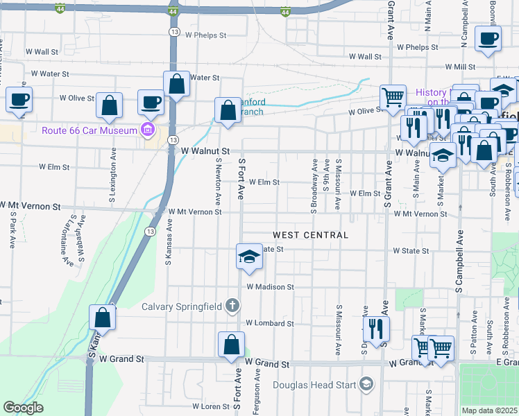 map of restaurants, bars, coffee shops, grocery stores, and more near 1129 West Mount Vernon Street in Springfield