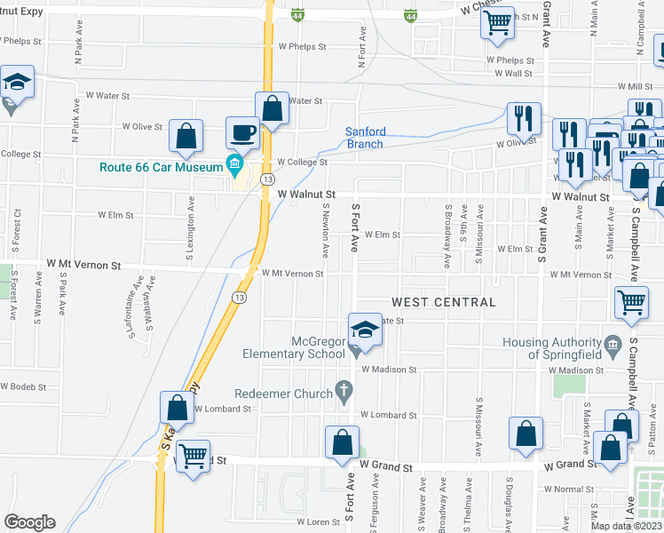 map of restaurants, bars, coffee shops, grocery stores, and more near 1329 West Mount Vernon Street in Springfield