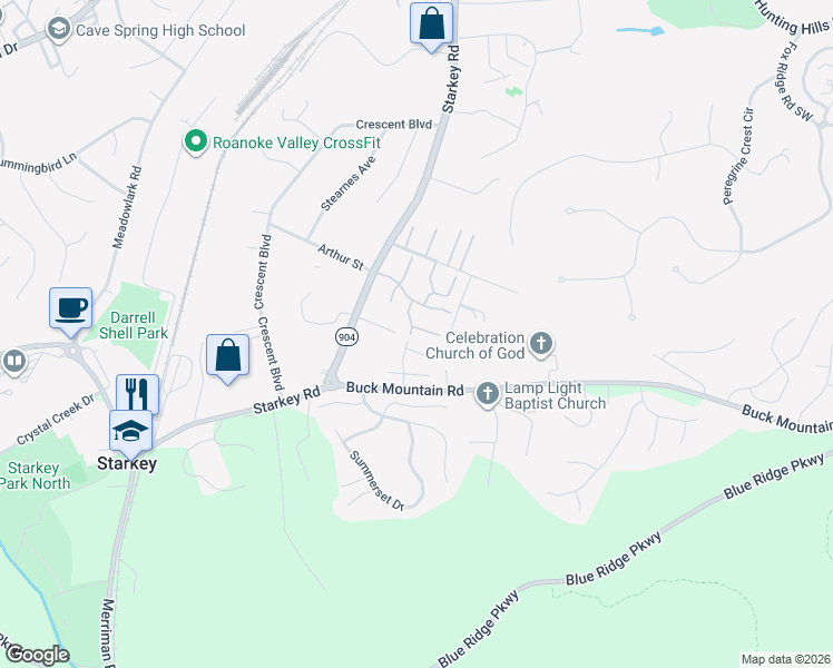 map of restaurants, bars, coffee shops, grocery stores, and more near 7317 Maple Court Southwest in Cave Spring