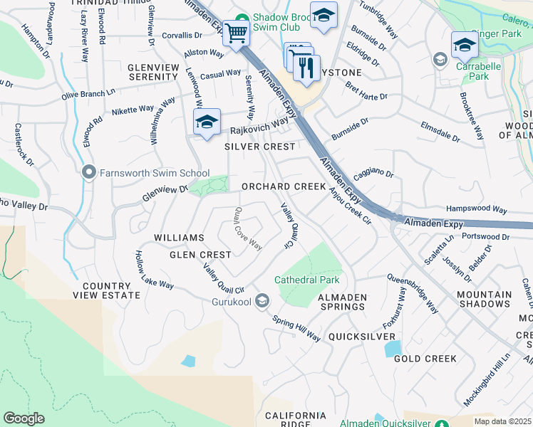 map of restaurants, bars, coffee shops, grocery stores, and more near 1195 Quail Creek Circle in San Jose