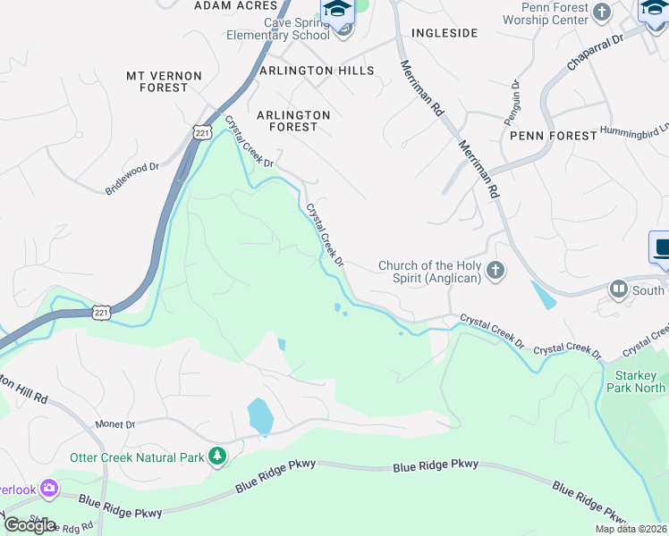 map of restaurants, bars, coffee shops, grocery stores, and more near 5345 Crystal Creek Dr in Roanoke
