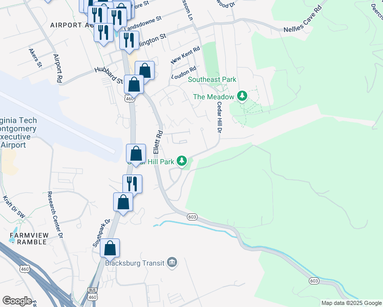 map of restaurants, bars, coffee shops, grocery stores, and more near 313 Cedar Hill Drive in Blacksburg