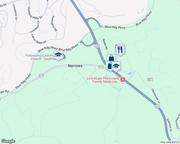 map of restaurants, bars, coffee shops, grocery stores, and more near 3537 Leffel Road in Roanoke
