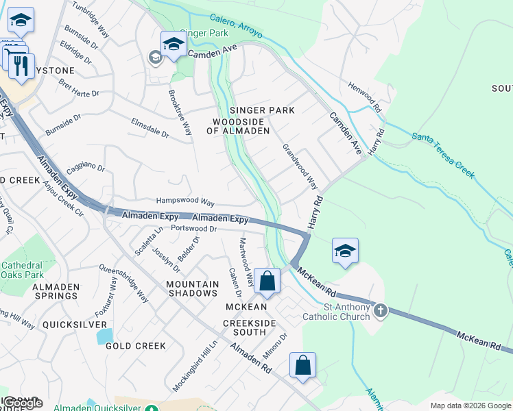 map of restaurants, bars, coffee shops, grocery stores, and more near 864 Hampswood Way in San Jose