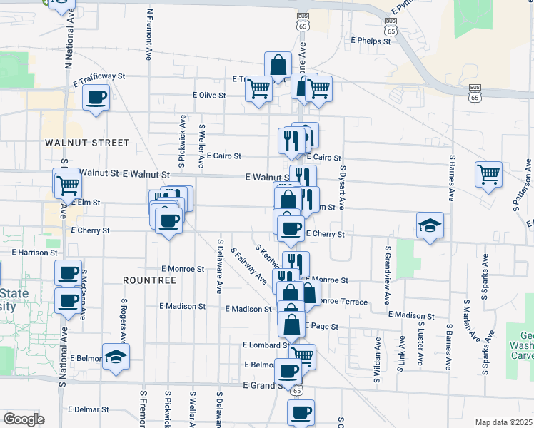 map of restaurants, bars, coffee shops, grocery stores, and more near 1718 East Elm Street in Springfield