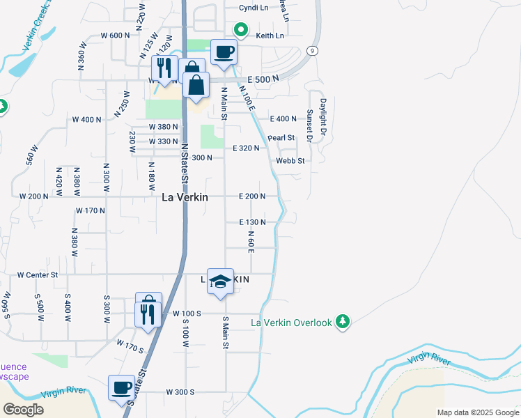 map of restaurants, bars, coffee shops, grocery stores, and more near 163 North 70 East in La Verkin