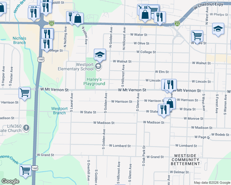 map of restaurants, bars, coffee shops, grocery stores, and more near 3038 West Mount Vernon Street in Springfield