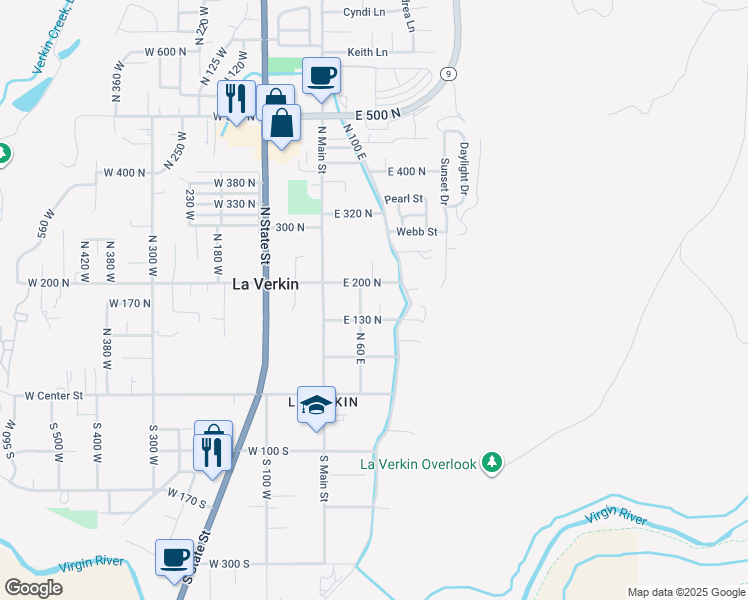 map of restaurants, bars, coffee shops, grocery stores, and more near 163 North 70 East in La Verkin