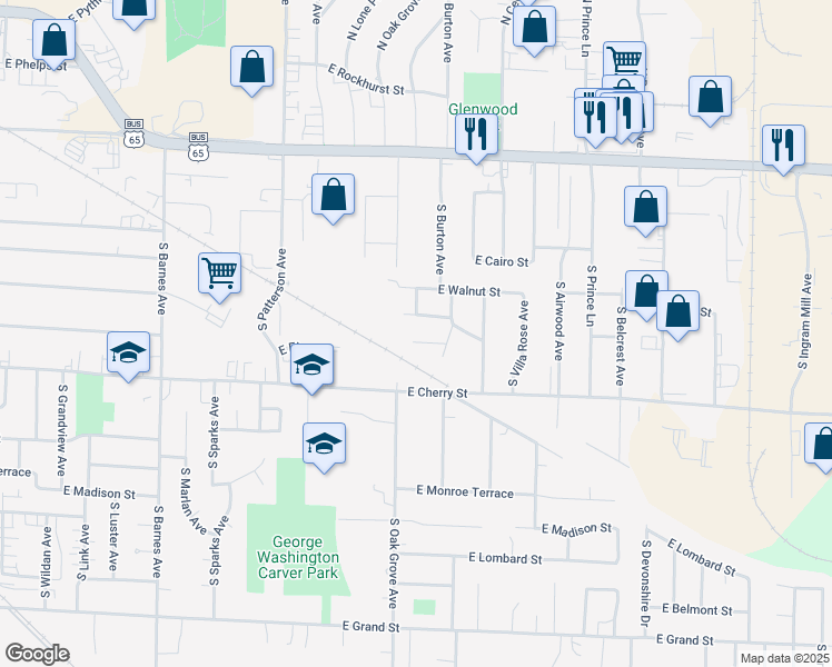 map of restaurants, bars, coffee shops, grocery stores, and more near 2621 East Elm Street in Springfield