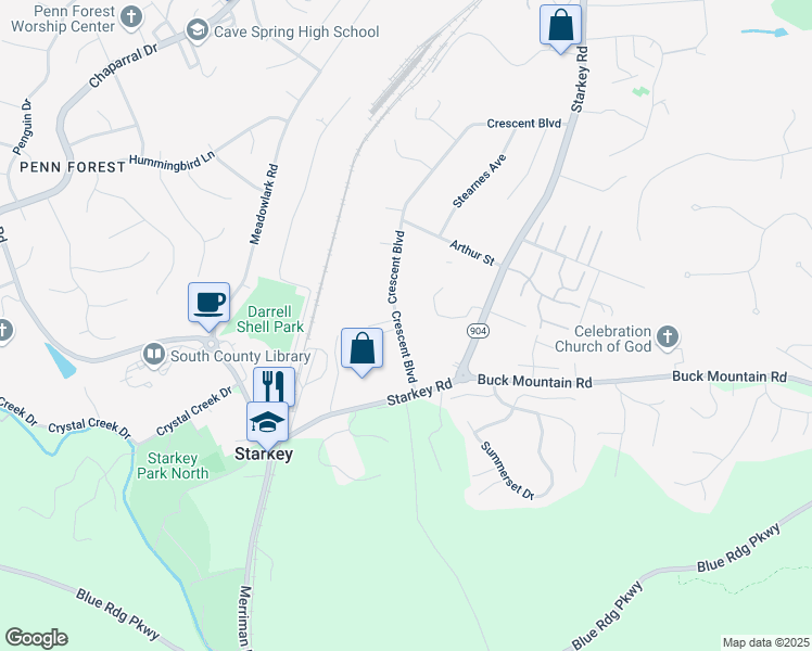 map of restaurants, bars, coffee shops, grocery stores, and more near 5720 Crescent Boulevard in Cave Spring