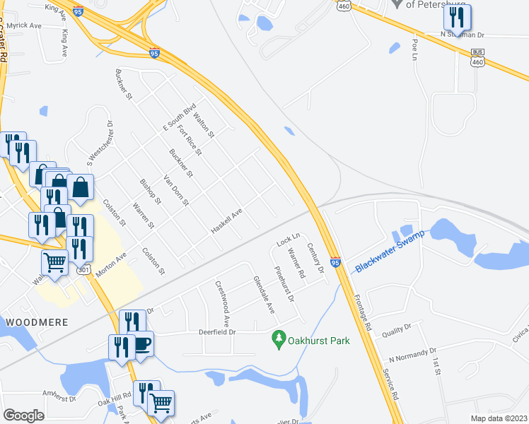 map of restaurants, bars, coffee shops, grocery stores, and more near 2322 Walton Street in Petersburg