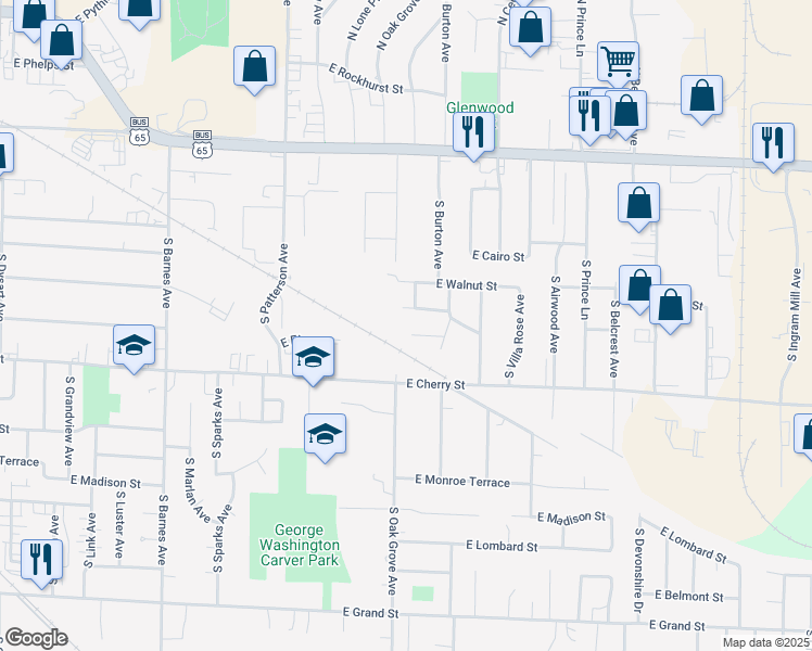 map of restaurants, bars, coffee shops, grocery stores, and more near 2621 East Elm Street in Springfield