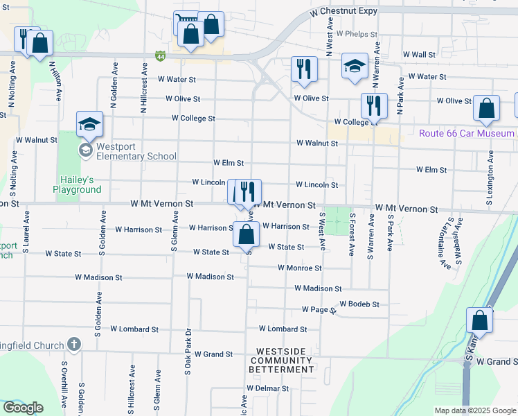 map of restaurants, bars, coffee shops, grocery stores, and more near 606 South Scenic Avenue in Springfield