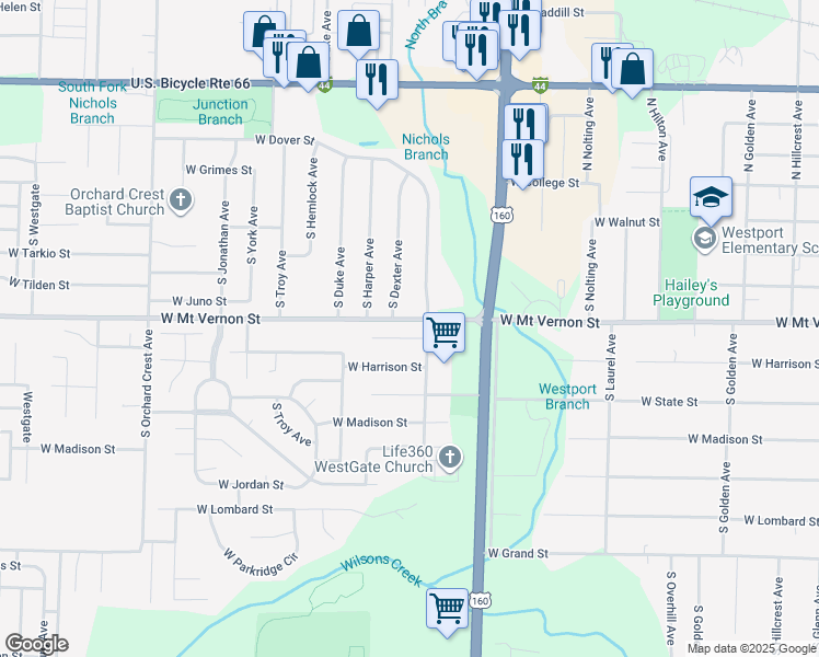 map of restaurants, bars, coffee shops, grocery stores, and more near 3637 West Watkins Street in Springfield