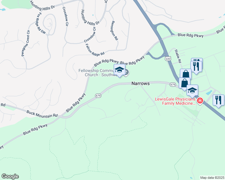 map of restaurants, bars, coffee shops, grocery stores, and more near 3764 Buck Mountain Road in Roanoke