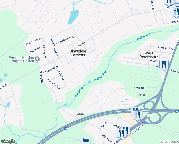 map of restaurants, bars, coffee shops, grocery stores, and more near 24905 Creek Lane in Petersburg