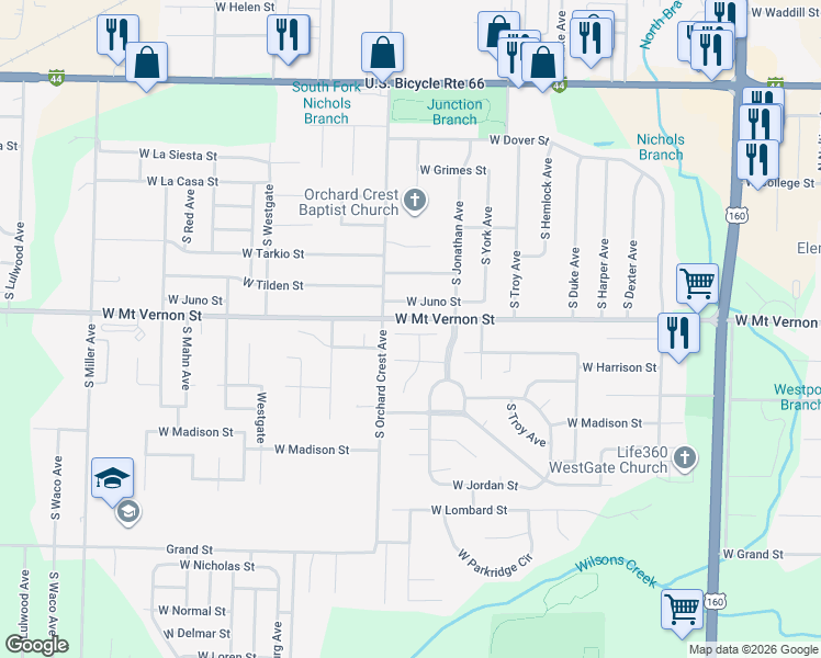 map of restaurants, bars, coffee shops, grocery stores, and more near 4047 West Watkins Street in Springfield