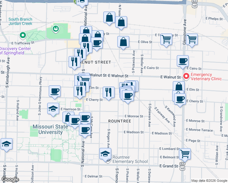 map of restaurants, bars, coffee shops, grocery stores, and more near 1356 East Elm Street in Springfield
