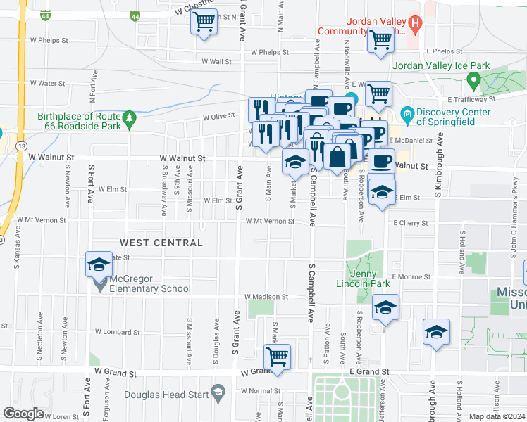 map of restaurants, bars, coffee shops, grocery stores, and more near 519 South Main Avenue in Springfield