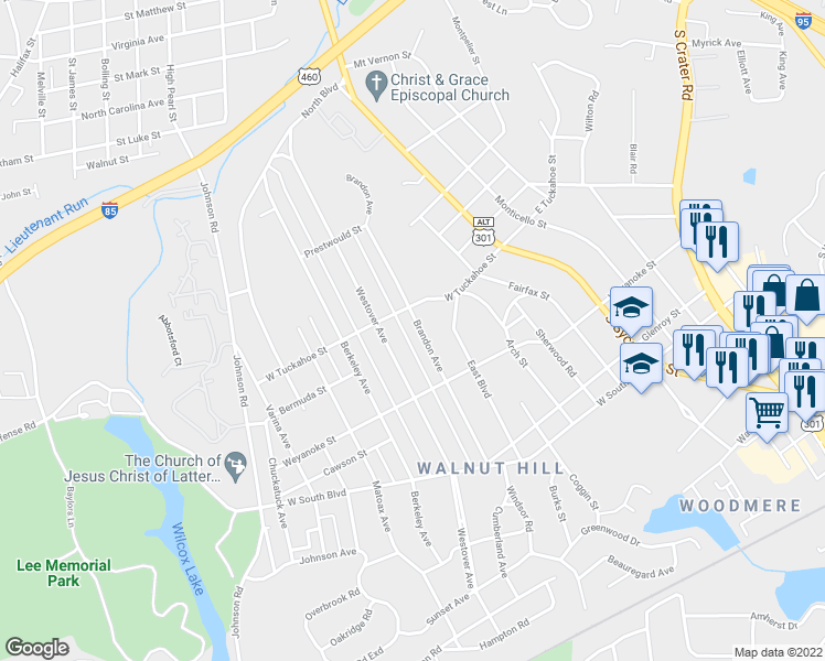 map of restaurants, bars, coffee shops, grocery stores, and more near 1722 Brandon Avenue in Petersburg