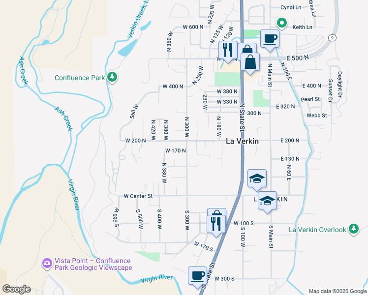 map of restaurants, bars, coffee shops, grocery stores, and more near 310 West 170 North in La Verkin