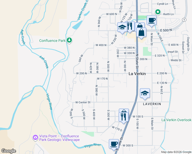 map of restaurants, bars, coffee shops, grocery stores, and more near 390 West 170 North in La Verkin