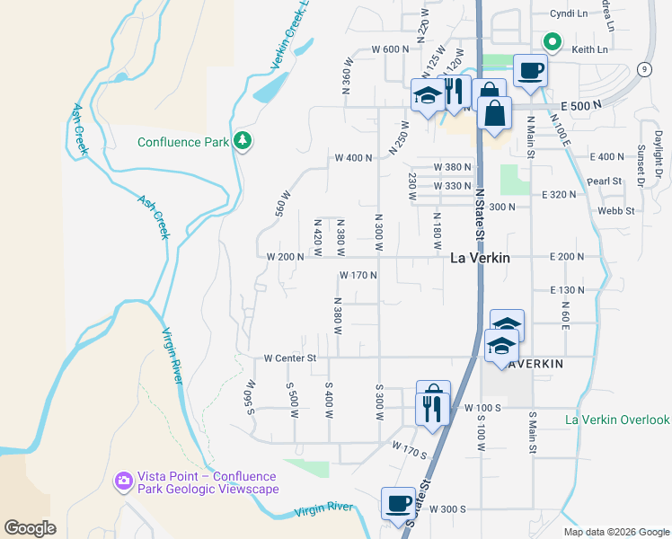 map of restaurants, bars, coffee shops, grocery stores, and more near 390 West 170 North in La Verkin