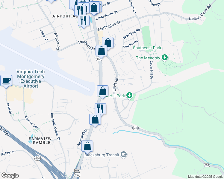 map of restaurants, bars, coffee shops, grocery stores, and more near 500 Ellett Road in Blacksburg