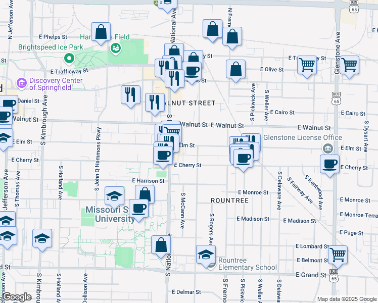 map of restaurants, bars, coffee shops, grocery stores, and more near 1244 East Elm Street in Springfield