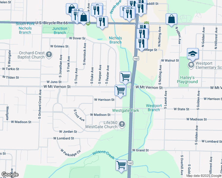 map of restaurants, bars, coffee shops, grocery stores, and more near 3637 West Watkins Street in Springfield