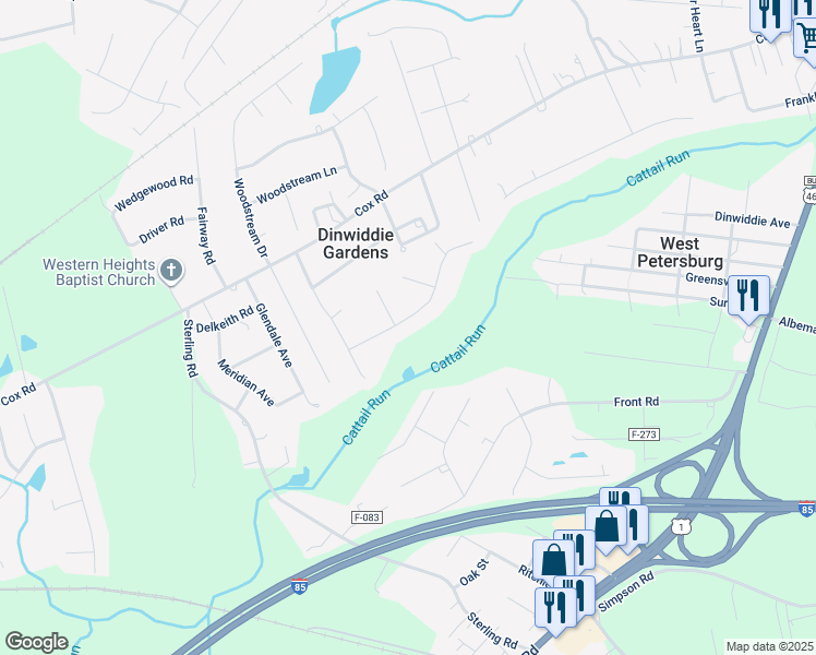 map of restaurants, bars, coffee shops, grocery stores, and more near 24905 Creek Lane in Petersburg