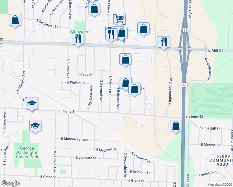 map of restaurants, bars, coffee shops, grocery stores, and more near 443 South Belcrest Avenue in Springfield