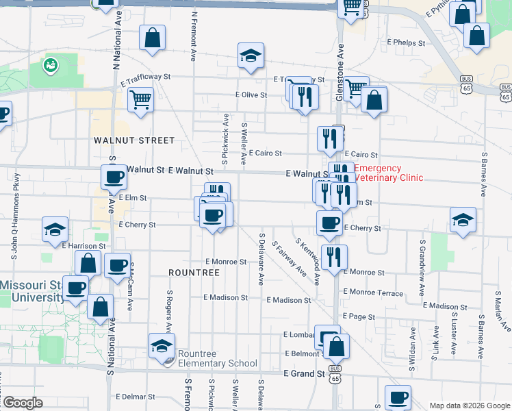 map of restaurants, bars, coffee shops, grocery stores, and more near 1528 East Elm Street in Springfield